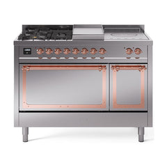 ILVE UN48FSQNMPSSP Nostalgie II Noblesse 48 inch Dual Fuel Range (5 Sealed Burners + Griddle + French Top, Natural Gas, Solid Door, Stainless Steel, Copper)