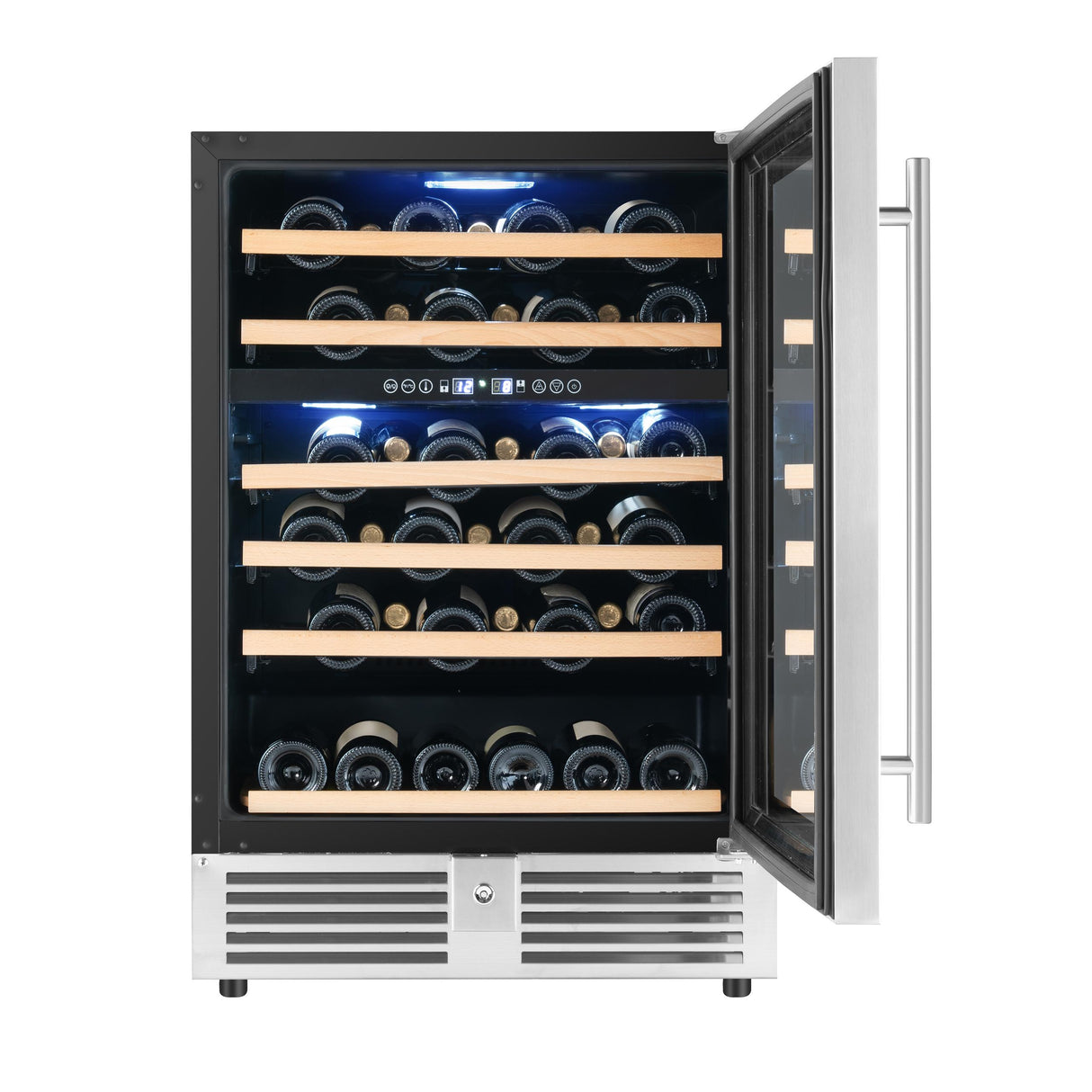 Avanti Dual-Zone Wine Cooler, 49 Bottle Capacity, in Stainless Steel with Wood Accent Shelving (WCR496DS)