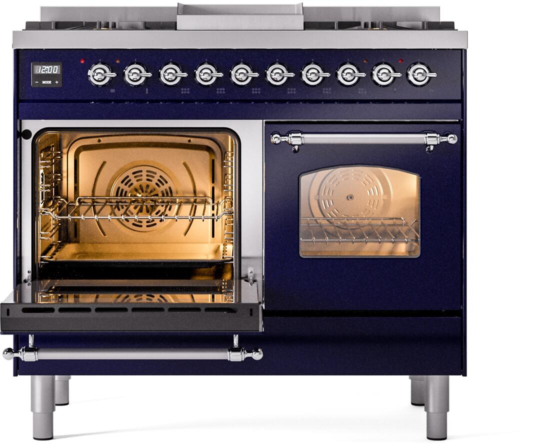 Nostalgie II 40 Inch Dual Fuel Natural Gas Freestanding Range in Blue with Chrome Trim