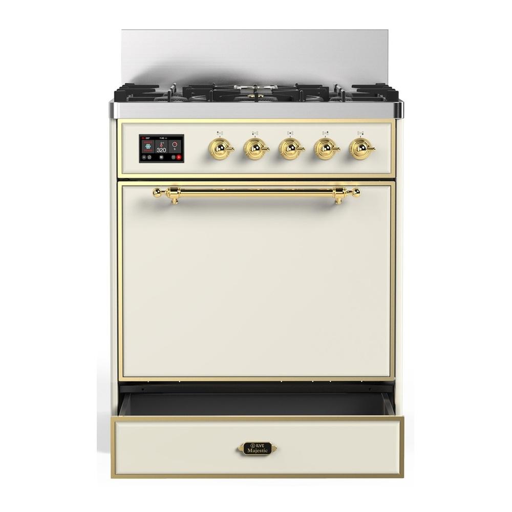 ILVE UM30QNR3AWG Majestic III 30 inch Dual Fuel Range with 5 Black Brass Burners, Dual Function Burner up to 25,000 BTU (Natural Gas, Solid Door, Antique White, Brass)