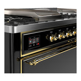 ILVE UM60FSQNR3BKG Majestic III 60 inch Dual Fuel Range with 7 Burners, Griddle and French Top, Dual Function Burner with up to 25,000 BTU (Natural Gas, Solid Door, Glossy Black, Brass)