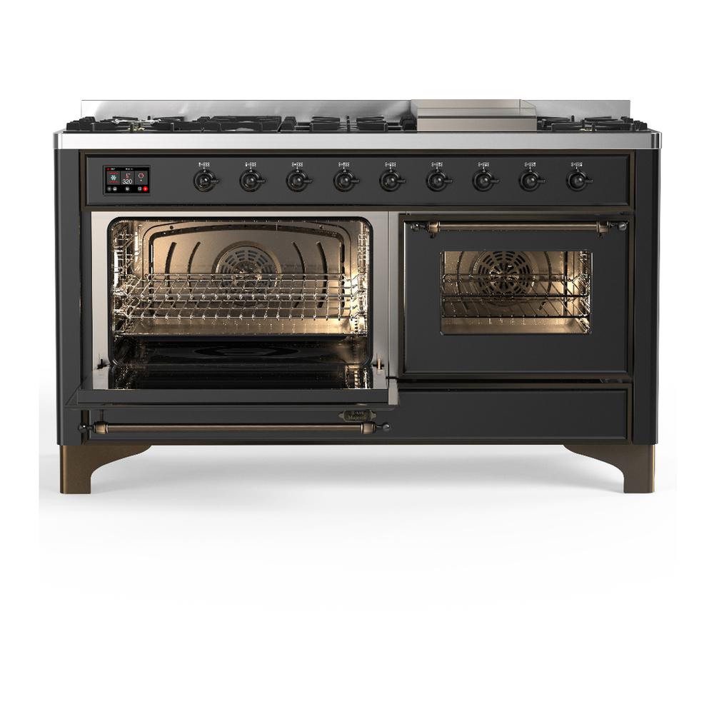 ILVE UM60FNR3MGBLP Majestic III 60 inch Dual Fuel Range with 9 Burners and Griddle, Dual Function Burner up to 25,000 BTU (Liquid Propane, Triple Glass Door, Graphite Matte, Burnished)