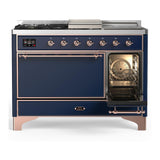 ILVE UM48FSQNR3MBP Majestic III 48 inch Dual Fuel Range with 5 Black Brass Burners, Griddle and French Top, Dual Function Burner up to 25,000 BTU (Natural Gas, Solid Door, Midnight Blue, Copper)