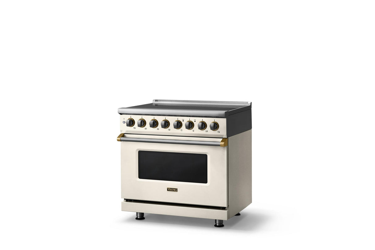 36"W. Induction Range (Finish: Pure White, Trim: Brushed Brass)