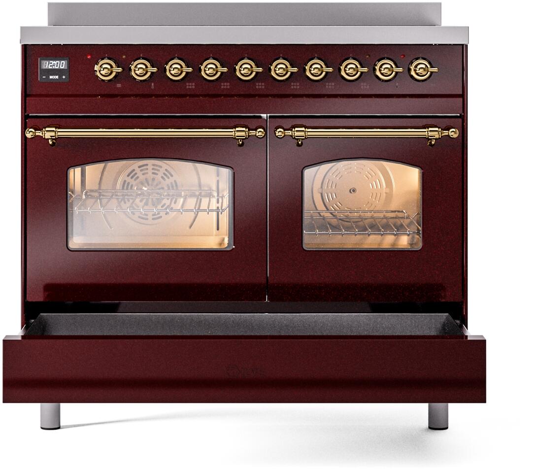Nostalgie II 40 Inch Electric Freestanding Range in Burgundy with Brass Trim