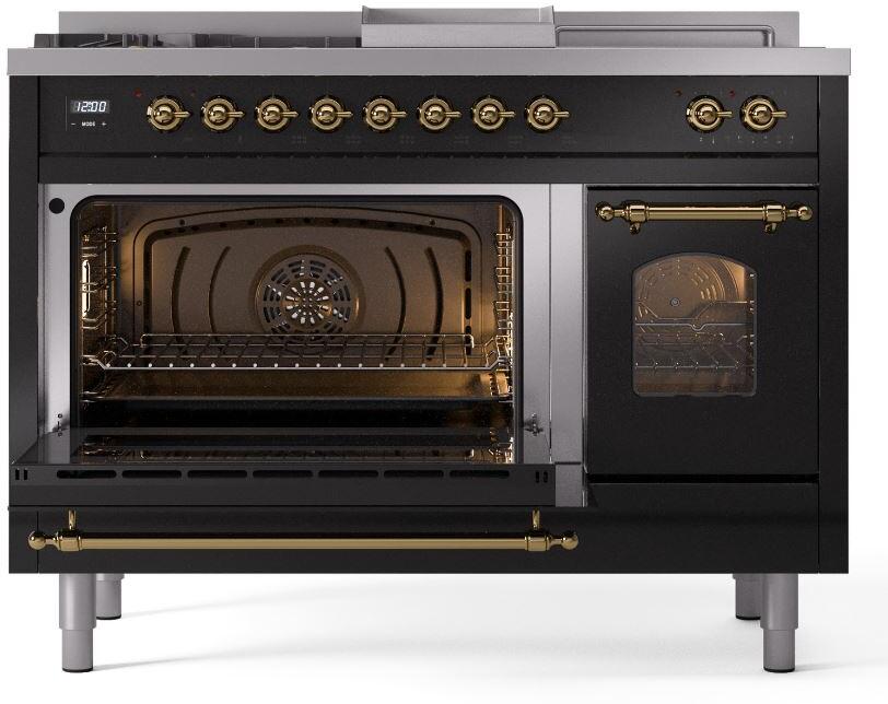 Nostalgie II 48 Inch Dual Fuel Natural Gas Freestanding Range in Glossy Black with Brass Trim