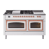 ILVE UN60FSNMPWHP Nostalgie II Noblesse 60 inch Dual Fuel Range (7 Sealed Burners + Griddle + French Top, Natural Gas, Triple Glass Door, White, Copper)