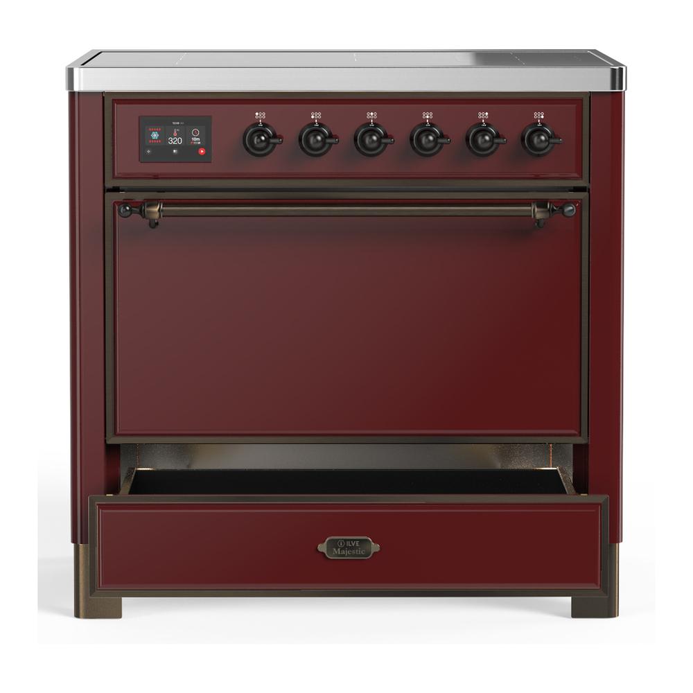 ILVE UMIB36QNR3BUB Majestic III 36 inch Induction Range with 6 Elements, 3.5 cu. ft. Total Oven Capacity (Solid Door, Burgundy, Burnished)