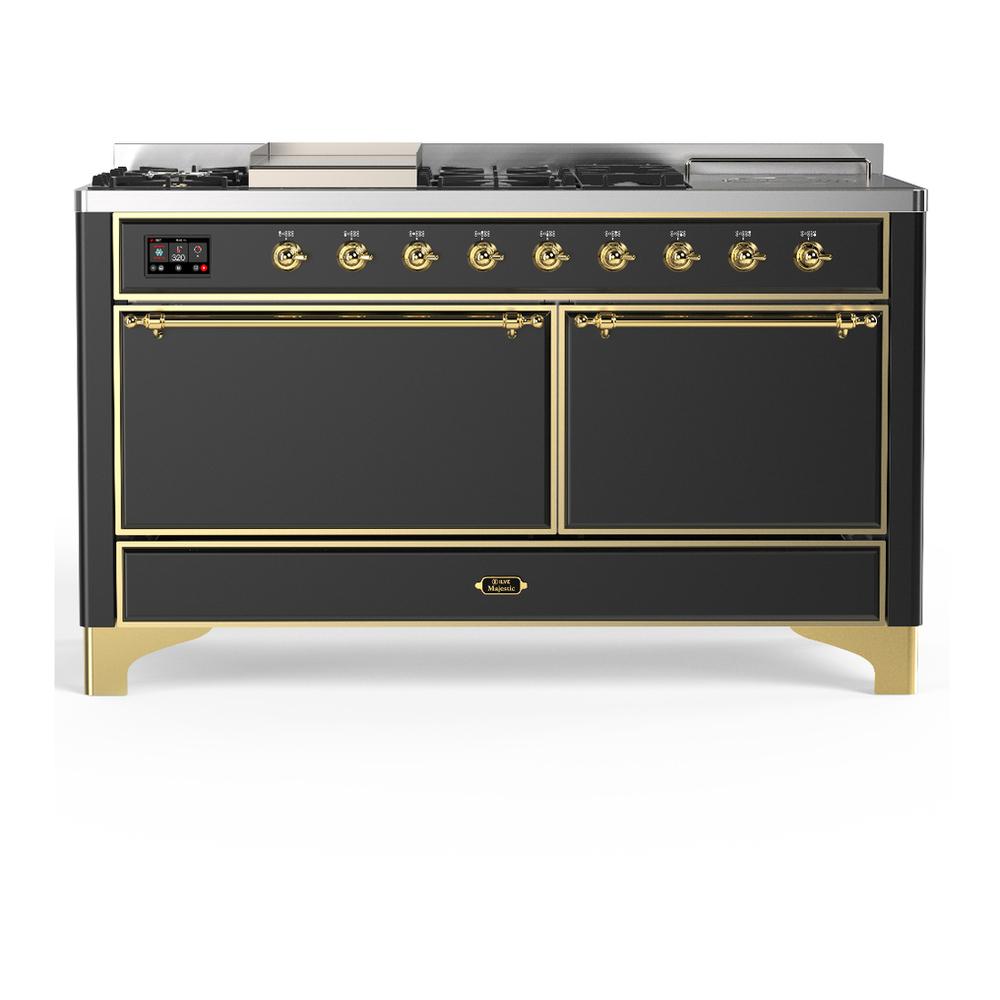 ILVE UM60FSQNR3MGGLP Majestic III 60 inch Dual Fuel Range with 7 Burners, Griddle and French Top, Dual Function Burner with up to 25,000 BTU (Liquid Propane, Solid Door, Graphite Matte, Brass)