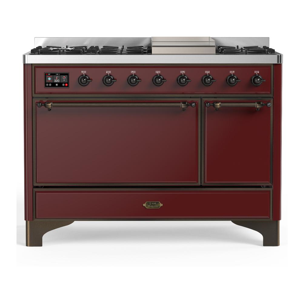 ILVE UM48FQNR3BUB Majestic III 48 inch Dual Fuel Range with 8 Burners and Griddle, Dual Function Burner up to 25,000 BTU (Natural Gas, Solid Door, Burgundy, Burnished)