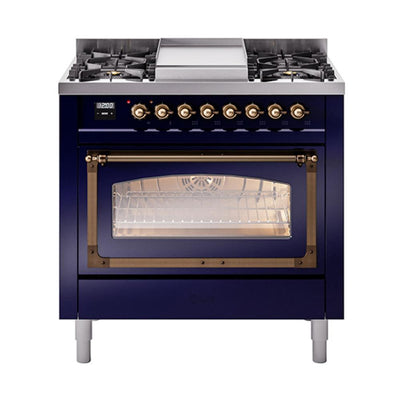 ILVE UN36FNMPMBBLP Nostalgie II Noblesse 36 inch Dual Fuel Range (Liquid Propane, Triple Glass Door, Midnight Blue, Burnished)
