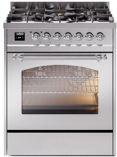 Nostalgie II 30 Inch Dual Fuel Natural Gas Freestanding Range in Stainless Steel with Chrome Trim