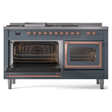 ILVE UN60FSNMPBGPLP Nostalgie II Noblesse 60 inch Dual Fuel Range (7 Sealed Burners + Griddle + French Top, Liquid Propane, Triple Glass Door, Blue Grey, Copper)