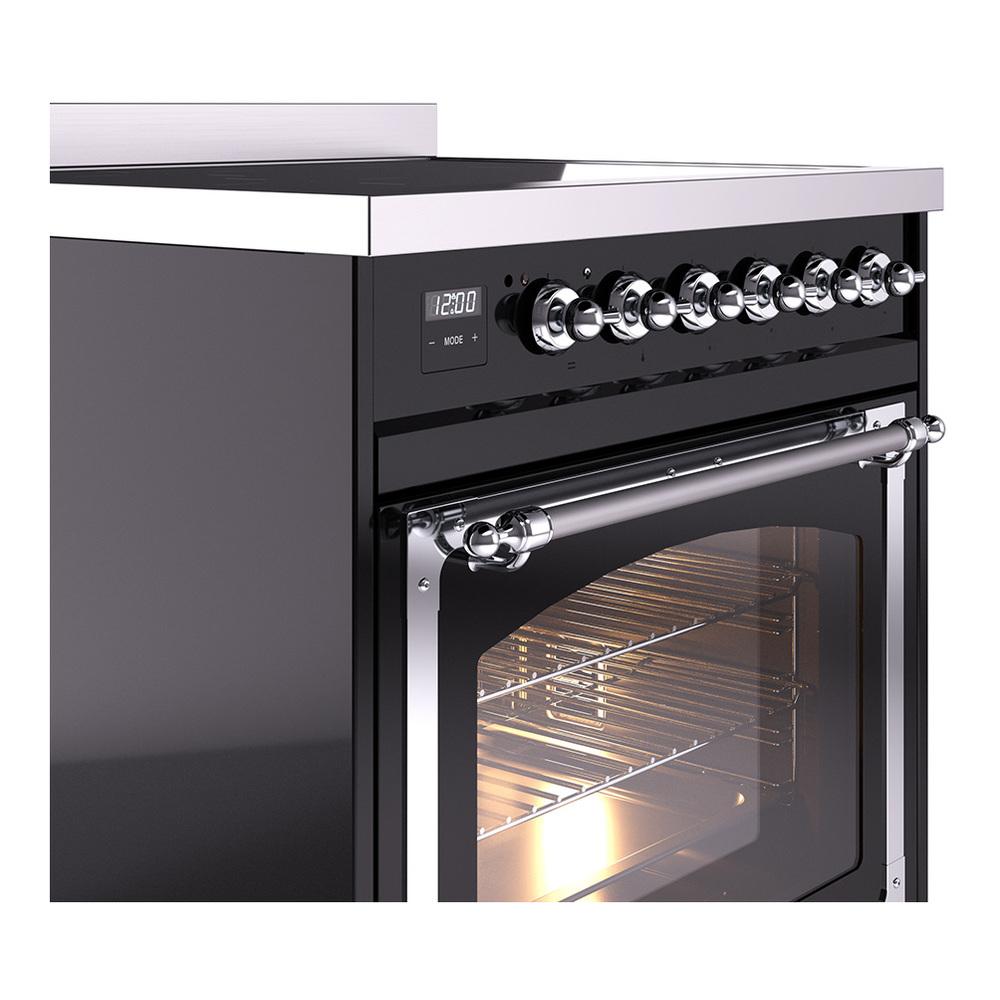 ILVE UNI304NMPBKC Nostalgie II Noblesse 30 inch Induction Range (Triple Glass Door, Glossy Black, Chrome)