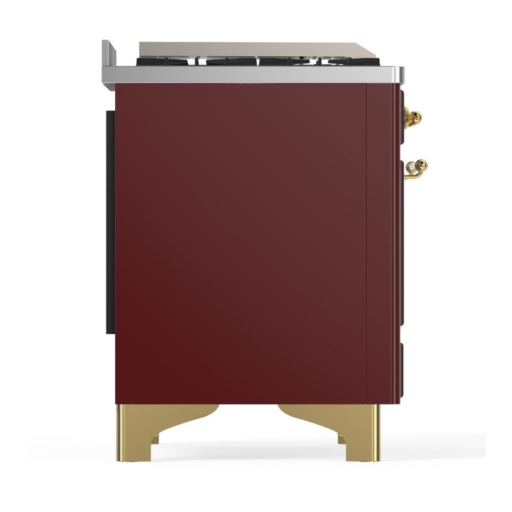 ILVE UMD40FNR3BUG Majestic III 40 inch Dual Fuel Range with 6 Burners and Griddle, Dual Function Burner up to 25,000 BTU (Natural Gas, Triple Glass Door, Burgundy, Brass)