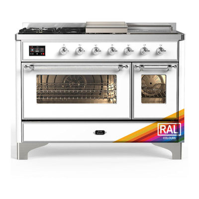 ILVE UM48FSNR3RACLP Majestic III 48 inch Dual Fuel Range with 5 Black Brass Burners, Griddle and French Top, Dual Function Burner up to 25,000 BTU (Liquid Propane, Triple Glass Door, RAL, Chrome)