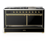 ILVE UM60FQNR3BKGLP Majestic III 60 inch Dual Fuel Range with 9 Burners and Griddle, Dual Function Burner up to 25,000 BTU (Liquid Propane, Solid Door, Glossy Black, Brass)