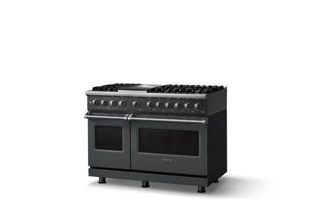 48"W. Dual Fuel Range (Burner: 6g, Finish: Cast Black, Trim: Polished Chrome, Fuel: Natural Gas)