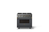36"W. Open Burner Gas Range (Finish: Cast Black, Trim: Brushed Brass, Fuel: Propane)