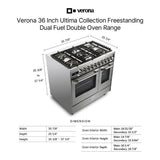 Verona VUFSGE365DSS 36 inch Ultima Collection Double Oven Dual Fuel Range with 5 Brass Burners, 4.1 cu. ft. Total Oven Capacity