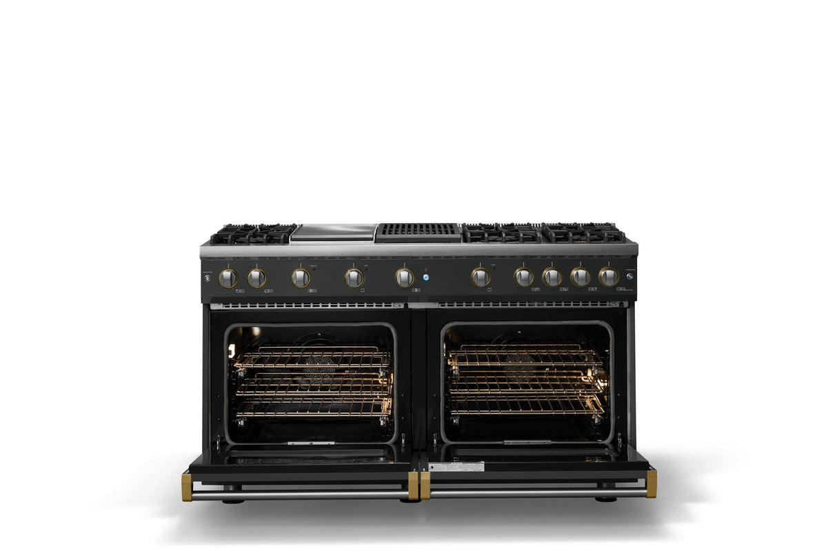 60"W. Sealed Burner Gas Range (Finish: Antique Bronze, Trim: Brushed Brass, Fuel: Propane)