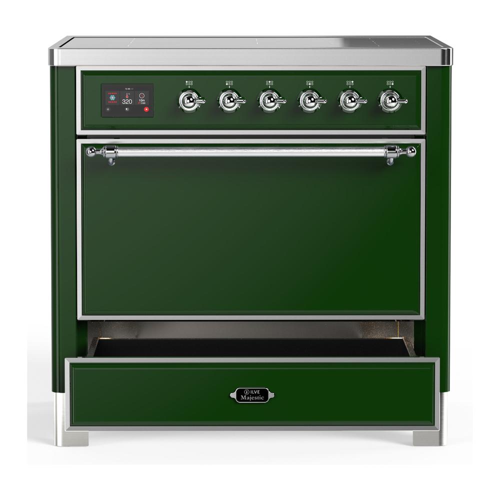 ILVE UMIB36QNR3EGC Majestic III 36 inch Induction Range with 6 Elements, 3.5 cu. ft. Total Oven Capacity (Solid Door, Emerald Green, Chrome)