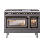 ILVE UN48FNMPMGBLP Nostalgie II Noblesse 48 inch Dual Fuel Range (8 Sealed Burners + Griddle, Liquid Propane, Triple Glass Door, Graphite Matte, Burnished)