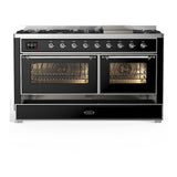 ILVE UM60FNR3BKCLP Majestic III 60 inch Dual Fuel Range with 9 Burners and Griddle, Dual Function Burner up to 25,000 BTU (Liquid Propane, Triple Glass Door, Glossy Black, Chrome)