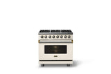 36"W. Dual Fuel Range (Burner: 6b, Finish: Pure White, Trim: Brushed Brass, Fuel: Natural Gas)