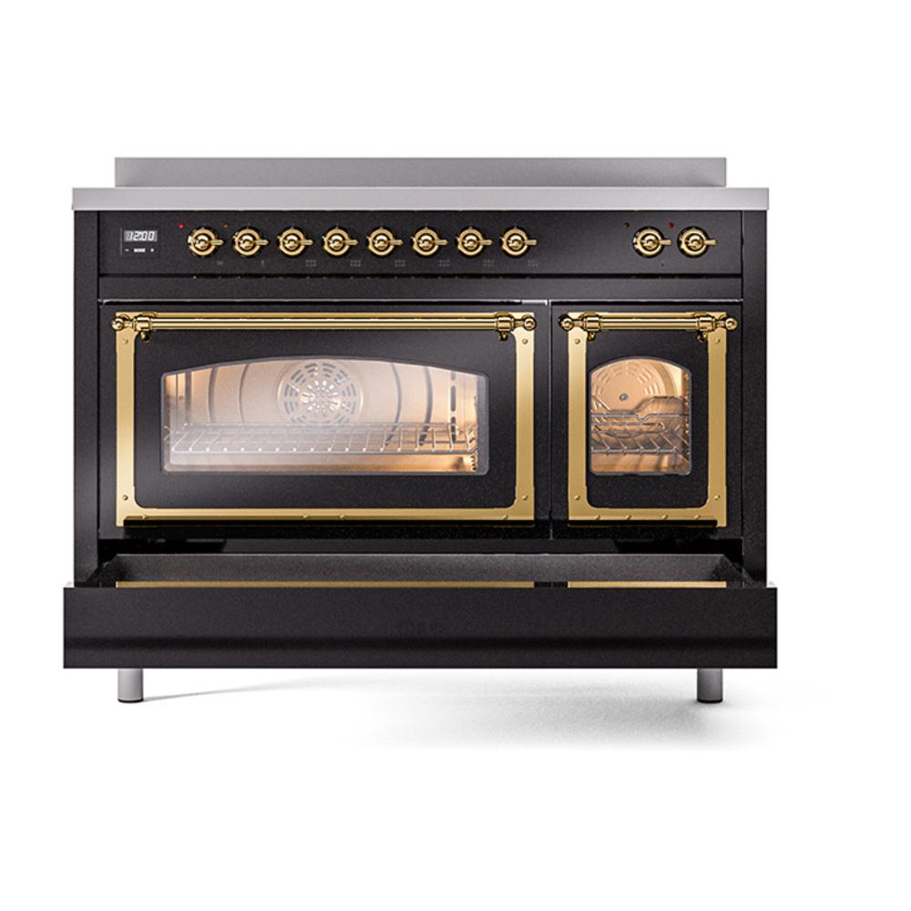 ILVE UNI486NMPBKG Nostalgie II Noblesse 48 inch Induction Range (Triple Glass Door, Glossy Black, Brass)
