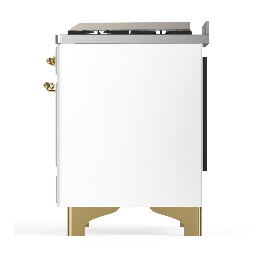 ILVE UM48FQNR3WHGLP Majestic III 48 inch Dual Fuel Range with 8 Burners and Griddle, Dual Function Burner up to 25,000 BTU (Liquid Propane, Solid Door, White, Brass)