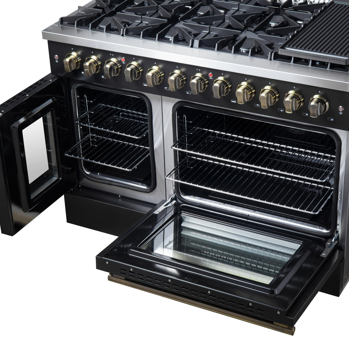 Forno Galiano 48-inch French Door Dual Fuel Range, Black & Antique Brass Design, 8 Sealed Burners - 107,000 BTU, Griddle, 6.58 cu.ft. Double Ovens