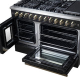 Forno Galiano 48-inch French Door Dual Fuel Range, Black & Antique Brass Design, 8 Sealed Burners - 107,000 BTU, Griddle, 6.58 cu.ft. Double Ovens