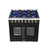 Forno Capriasca 36 Inch Freestanding French Door Dual Fuel Range in Black with Antique Brass Accessories, 6 Burners, True Convection Oven