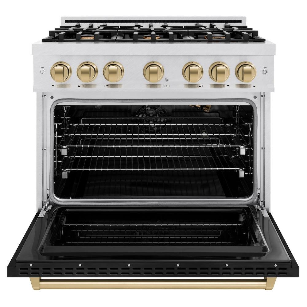 ZLINE Autograph Edition 36 in. 5.2 cu. ft. Classic Gas Range with 6 Burner Cooktop and Convection Gas Oven in DuraSnow' Stainless Steel with Black Matte Door and Champagne Bronze Accents (CGRSZ-BLM-36-CB)
