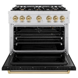 ZLINE Autograph Edition 36 in. 5.2 cu. ft. Classic Gas Range with 6 Burner Cooktop and Convection Gas Oven in DuraSnow' Stainless Steel with Black Matte Door and Champagne Bronze Accents (CGRSZ-BLM-36-CB)