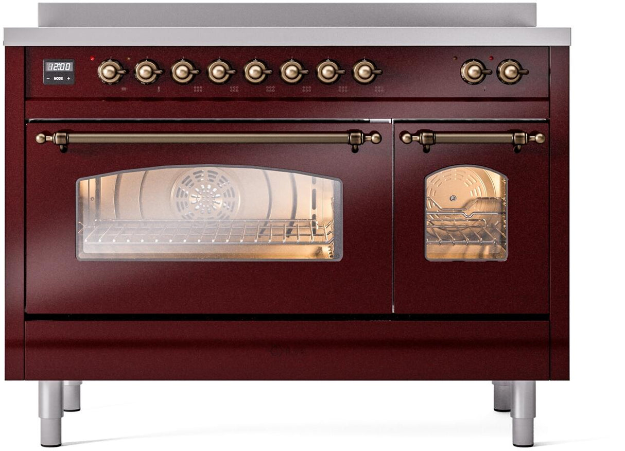 Nostalgie II 48 Inch Electric Freestanding Range in Burgundy with Bronze Trim