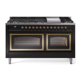 ILVE UN60FNMPBKG Nostalgie II Noblesse 60 inch Dual Fuel Range (9 Sealed Burners + Griddle, Natural Gas, Triple Glass Door, Glossy Black, Brass)