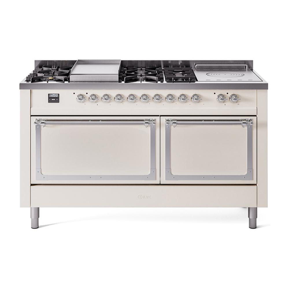 ILVE UN60FSQNMPAWC Nostalgie II Noblesse 60 inch Dual Fuel Range (7 Sealed Burners + Griddle + French Top, Natural Gas, Solid Door, Antique White, Chrome)