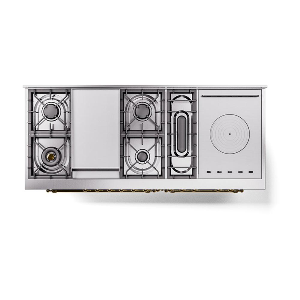 ILVE UN60FSQNMPMBG Nostalgie II Noblesse 60 inch Dual Fuel Range (7 Sealed Burners + Griddle + French Top, Natural Gas, Solid Door, Midnight Blue, Brass)