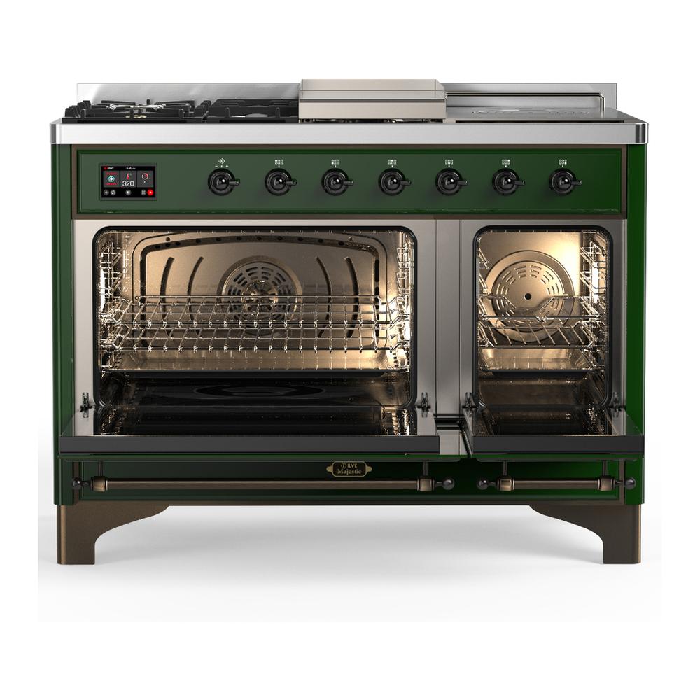 ILVE UM48FSNR3EGBLP Majestic III 48 inch Dual Fuel Range with 5 Black Brass Burners, Griddle and French Top, Dual Function Burner up to 25,000 BTU (Liquid Propane, Triple Glass Door, Emerald Green, Burnished)
