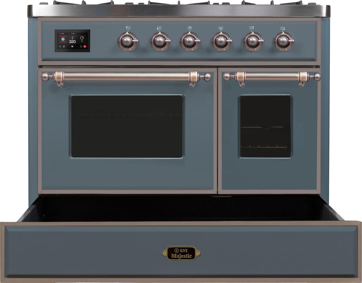 Majestic II 40 Inch Dual Fuel Natural Gas Freestanding Range in Blue Grey with Bronze Trim