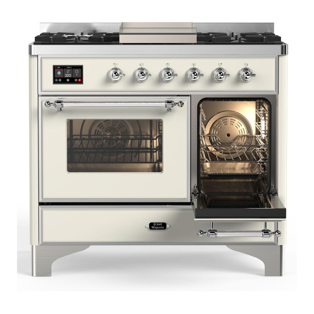 ILVE UMD40FNR3AWC Majestic III 40 inch Dual Fuel Range with 6 Burners and Griddle, Dual Function Burner up to 25,000 BTU (Natural Gas, Triple Glass Door, Antique White, Chrome)