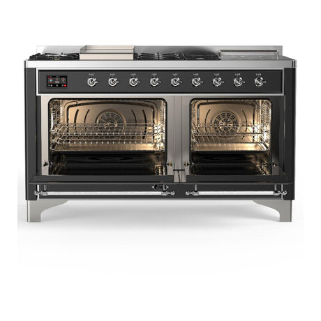 ILVE UM60FSQNR3MGC Majestic III 60 inch Dual Fuel Range with 7 Burners, Griddle and French Top, Dual Function Burner with up to 25,000 BTU (Natural Gas, Solid Door, Graphite Matte, Chrome)