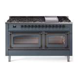 ILVE UN60FNMPBGB Nostalgie II Noblesse 60 inch Dual Fuel Range (9 Sealed Burners + Griddle, Natural Gas, Triple Glass Door, Blue Grey, Burnished)
