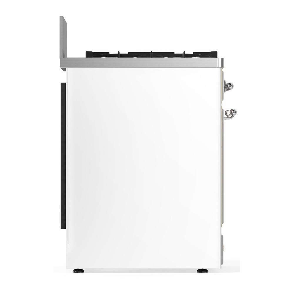 ILVE UM30NR3WHCLP Majestic III 30 inch Dual Fuel Range with 5 Black Brass Burners, Dual Function Burner up to 25,000 BTU (Liquid Propane, Triple Glass Door, White, Chrome)