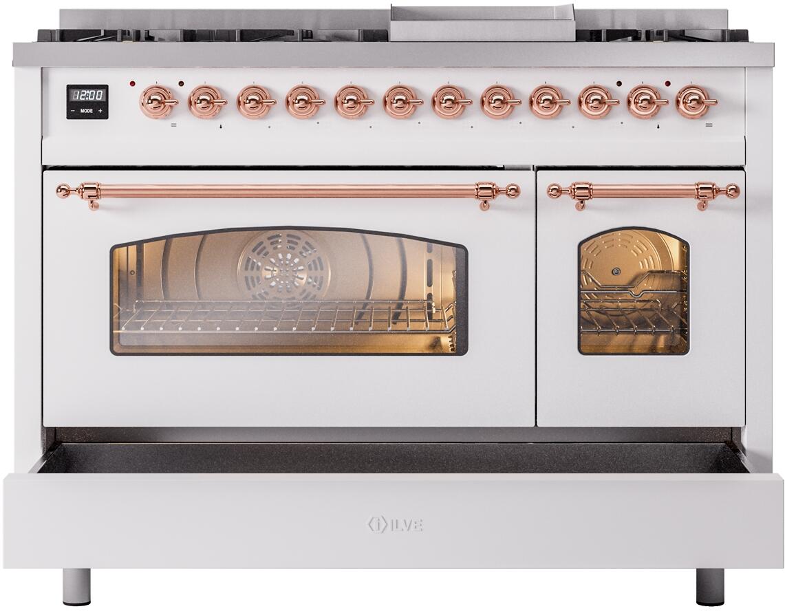 Nostalgie II 48 Inch Dual Fuel Liquid Propane Freestanding Range in White with Copper Trim