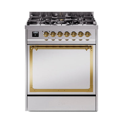ILVE UN30QNMPSSGLP Nostalgie II Noblesse 30 inch Dual Fuel Range (Liquid Propane, Solid Door, Stainless Steel, Brass)