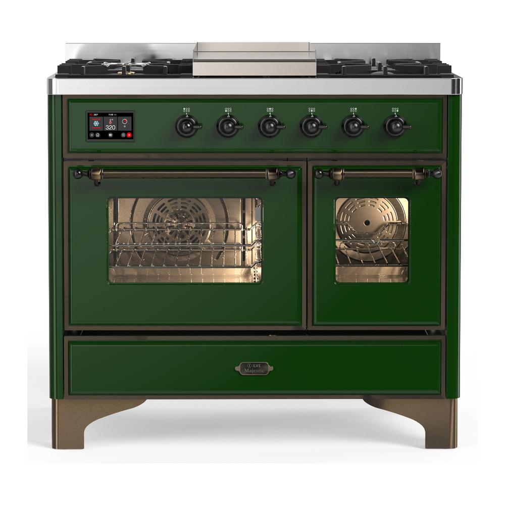ILVE UMD40FNR3EGB Majestic III 40 inch Dual Fuel Range with 6 Burners and Griddle, Dual Function Burner up to 25,000 BTU (Natural Gas, Triple Glass Door, Emerald Green, Burnished)