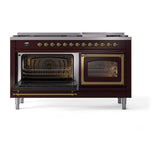ILVE UN60FNMPBUG Nostalgie II Noblesse 60 inch Dual Fuel Range (9 Sealed Burners + Griddle, Natural Gas, Triple Glass Door, Burgundy, Brass)